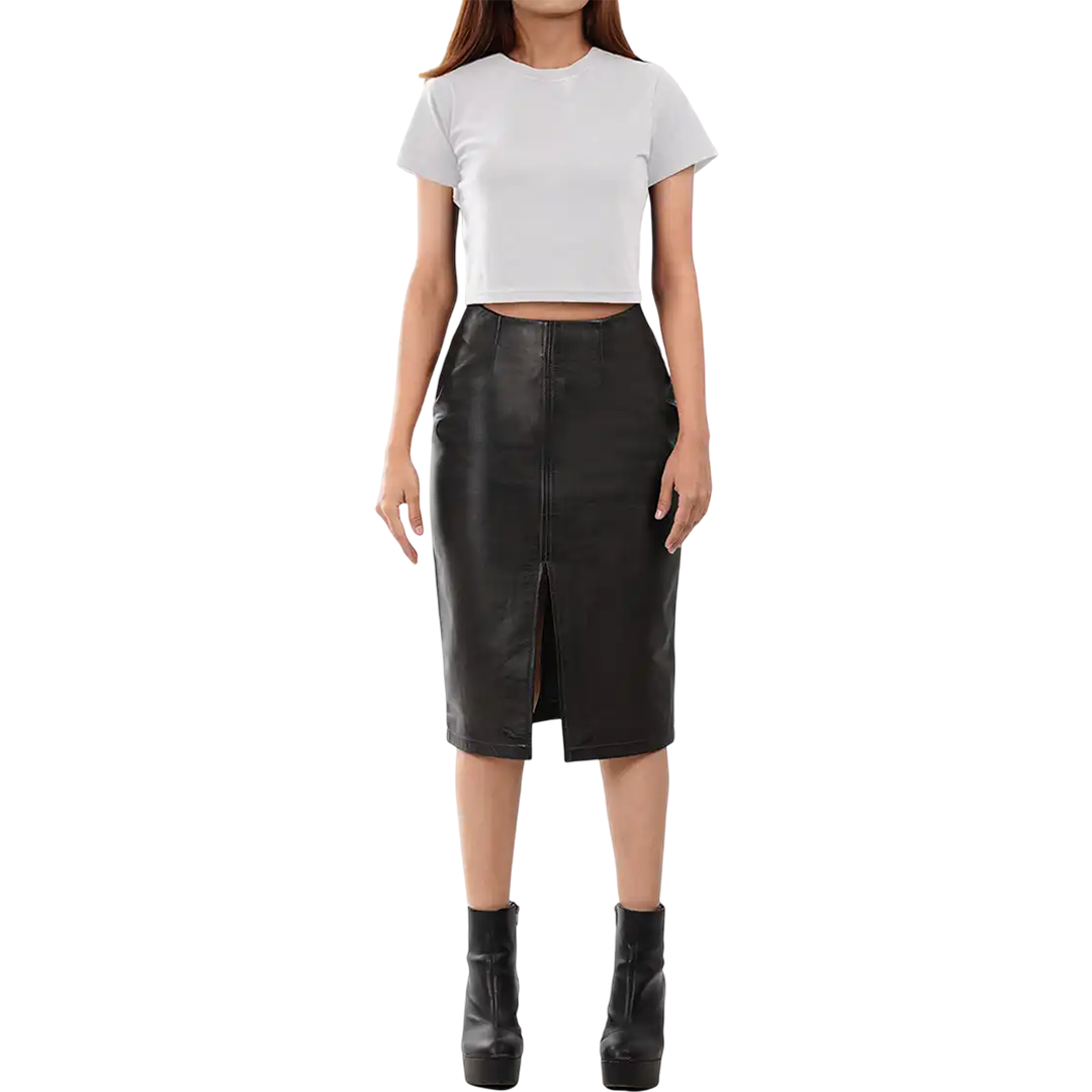 Deena Black Leather High Waist Midi Skirt - Pencil Skirt Style