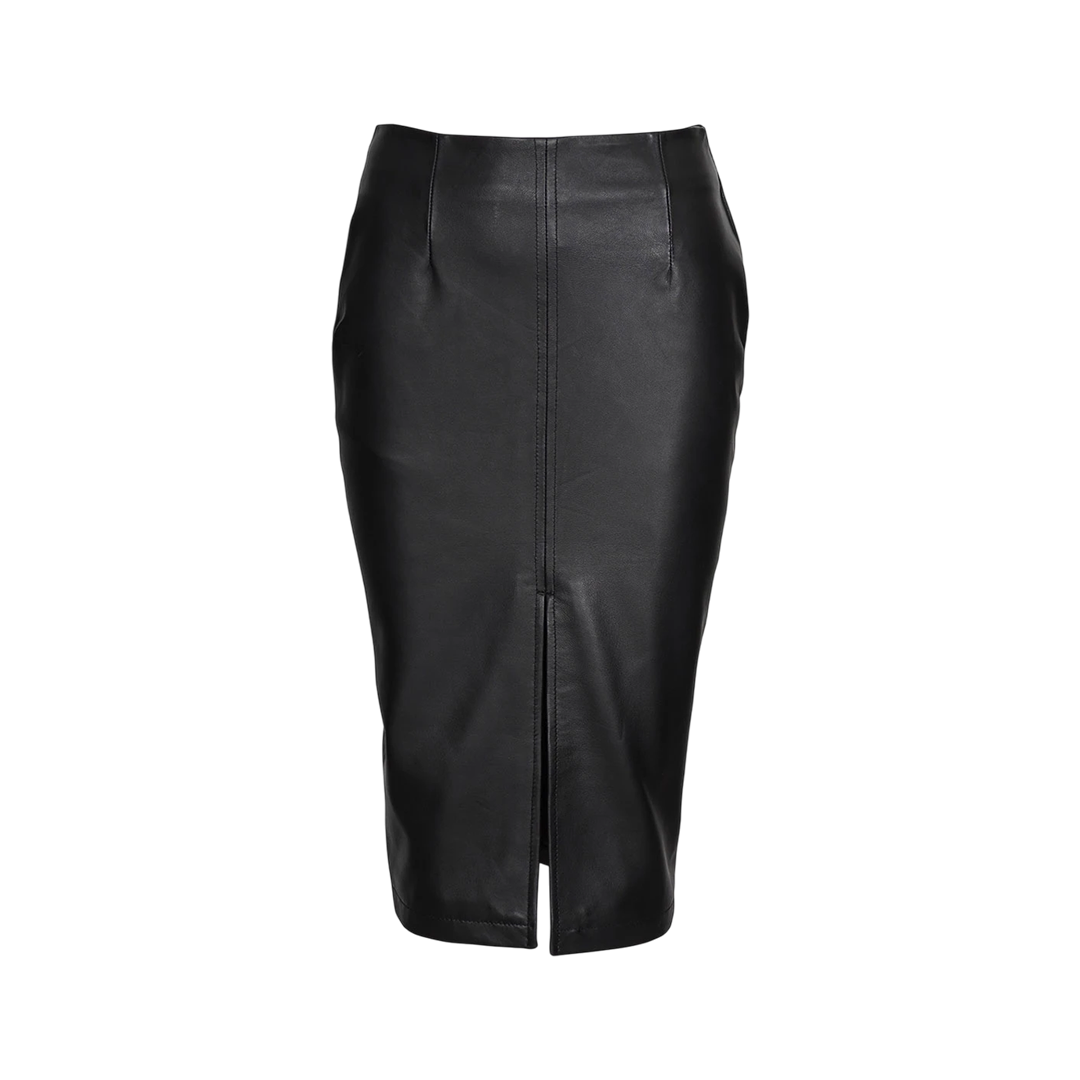 Deena Black Leather High Waist Midi Skirt - Pencil Skirt Style