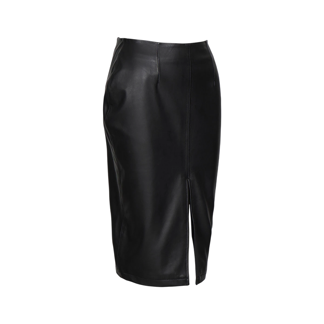 Deena Black Leather High Waist Midi Skirt - Pencil Skirt Style