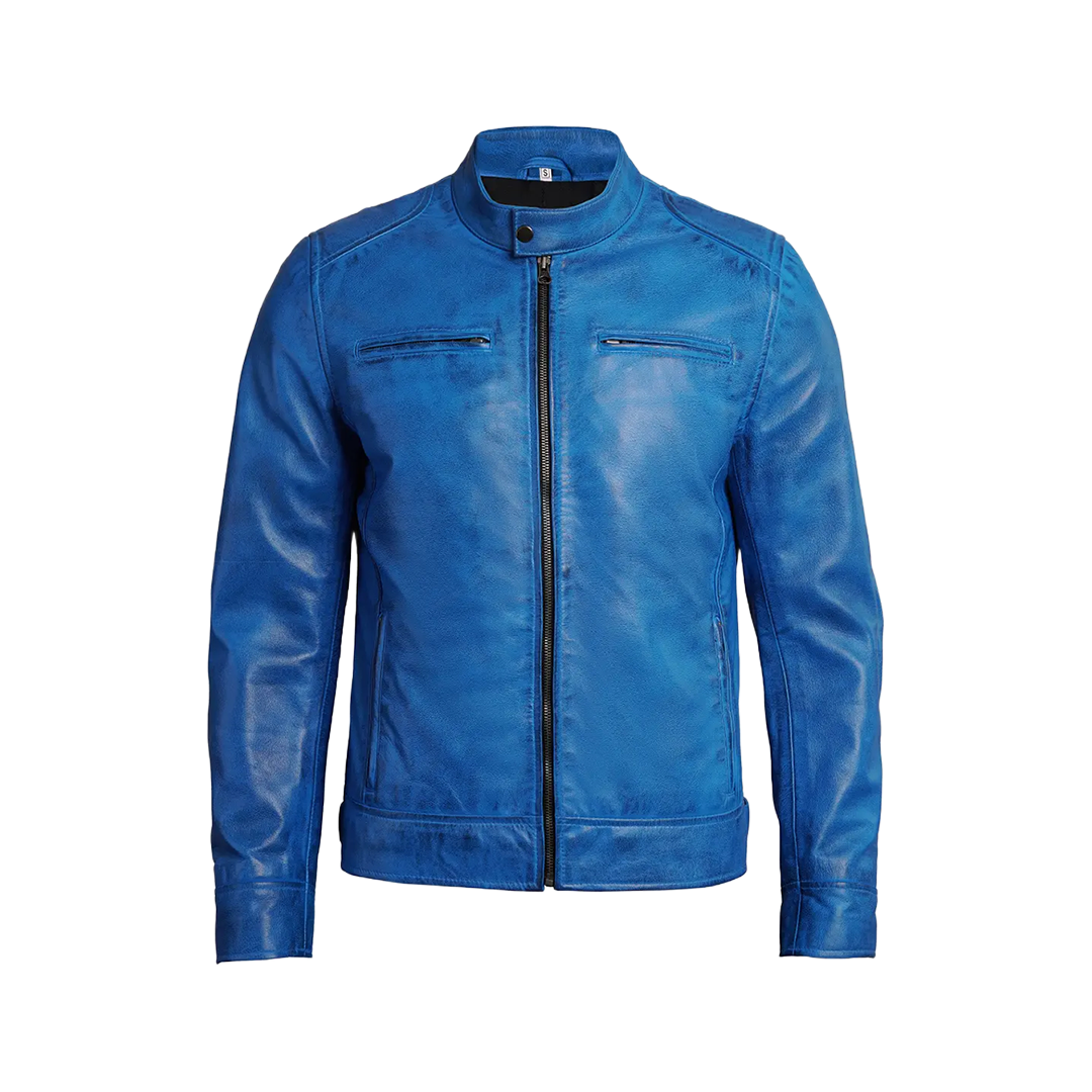 Dodge Men Cafe Racer Blue Leather Jacket