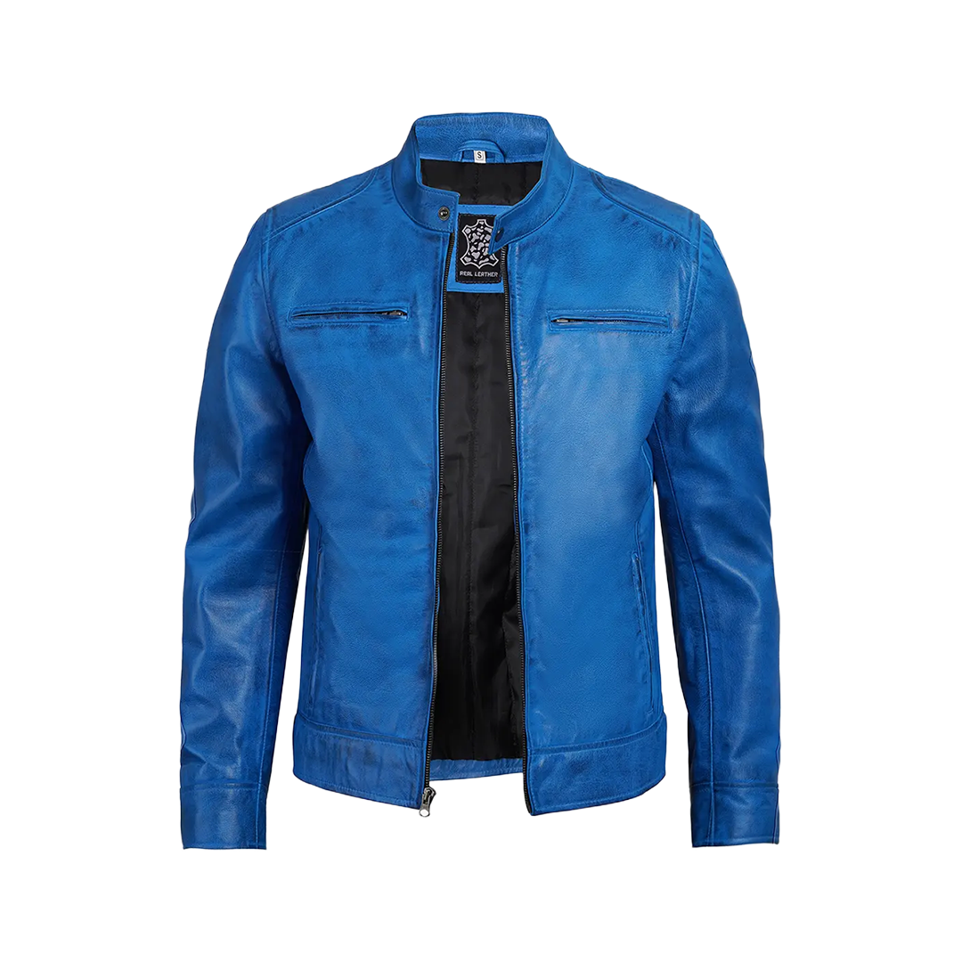 Dodge Men Cafe Racer Blue Leather Jacket