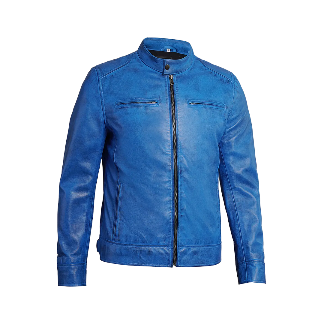 Dodge Men Cafe Racer Blue Leather Jacket