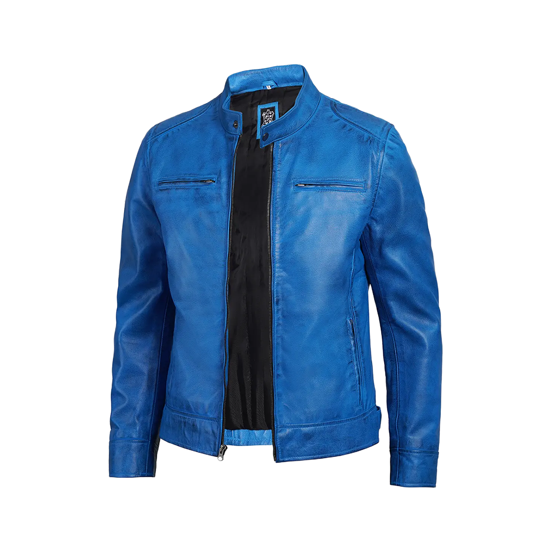Dodge Men Cafe Racer Blue Leather Jacket