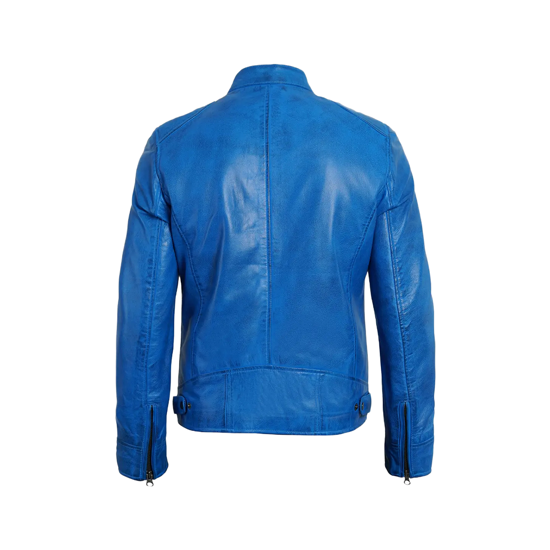 Dodge Men Cafe Racer Blue Leather Jacket