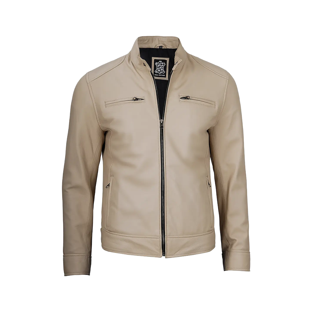 Dodge Men's Beige Leather Cafe Racer Jacket