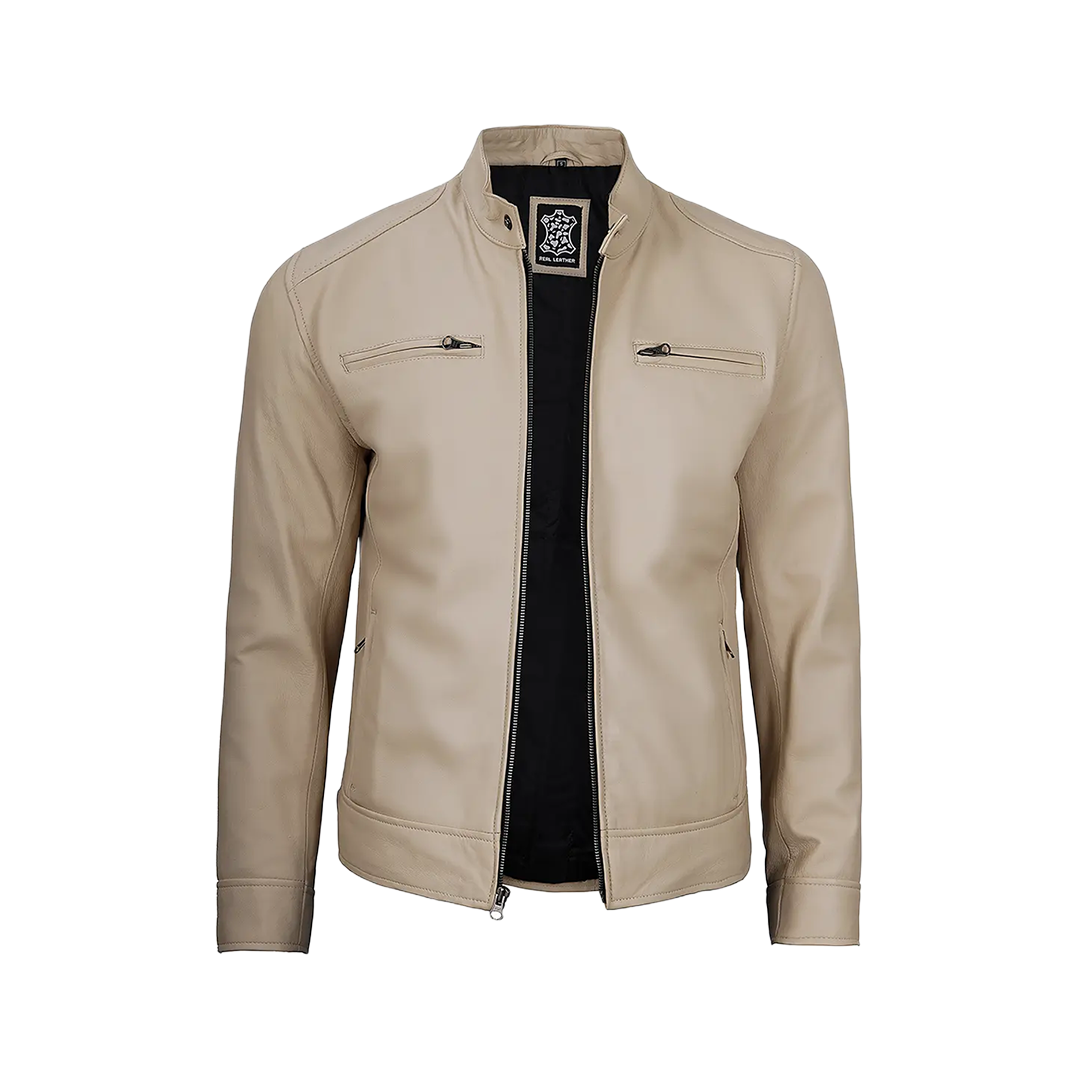Dodge Men's Beige Leather Cafe Racer Jacket
