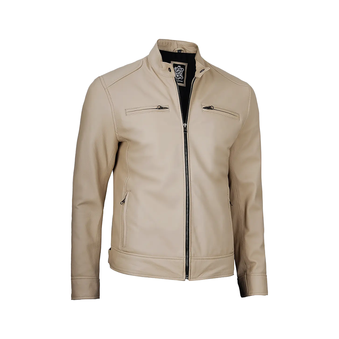 Dodge Men's Beige Leather Cafe Racer Jacket