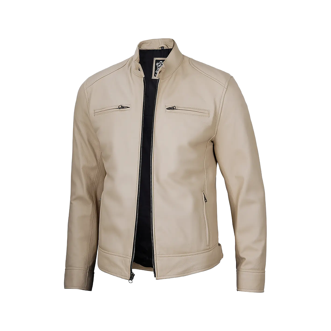 Dodge Men's Beige Leather Cafe Racer Jacket