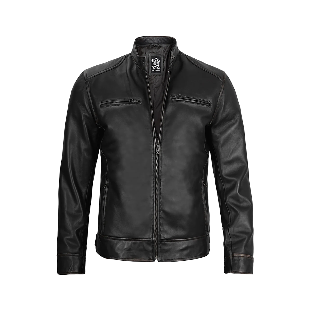 Dodge Men's Black Leather Cafe Racer Jacket