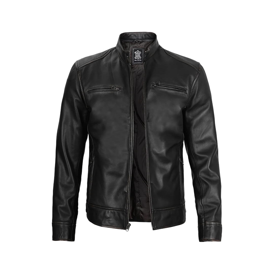Dodge Men's Black Leather Cafe Racer Jacket