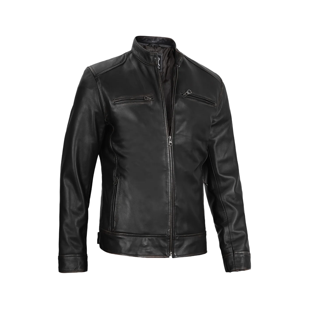 Dodge Men's Black Leather Cafe Racer Jacket