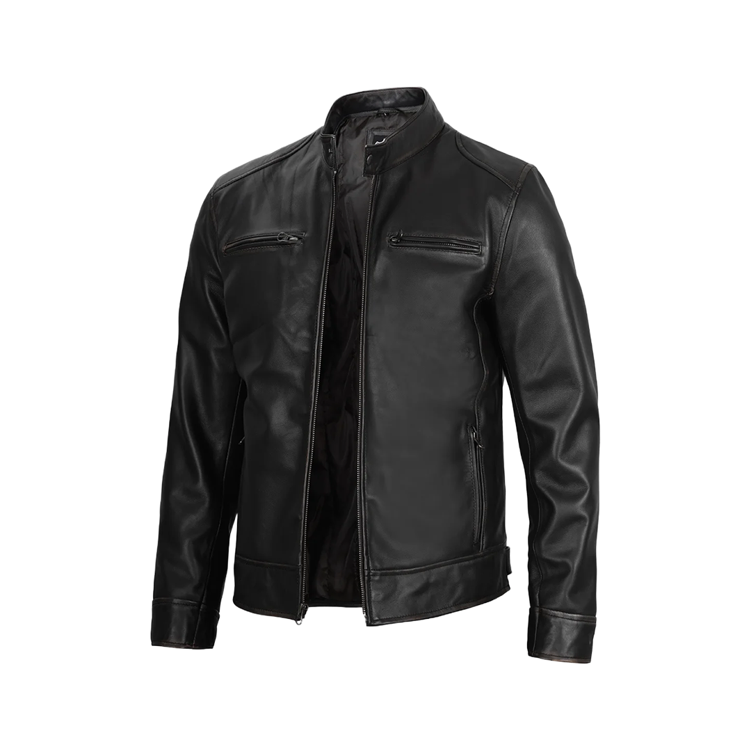 Dodge Men's Black Leather Cafe Racer Jacket