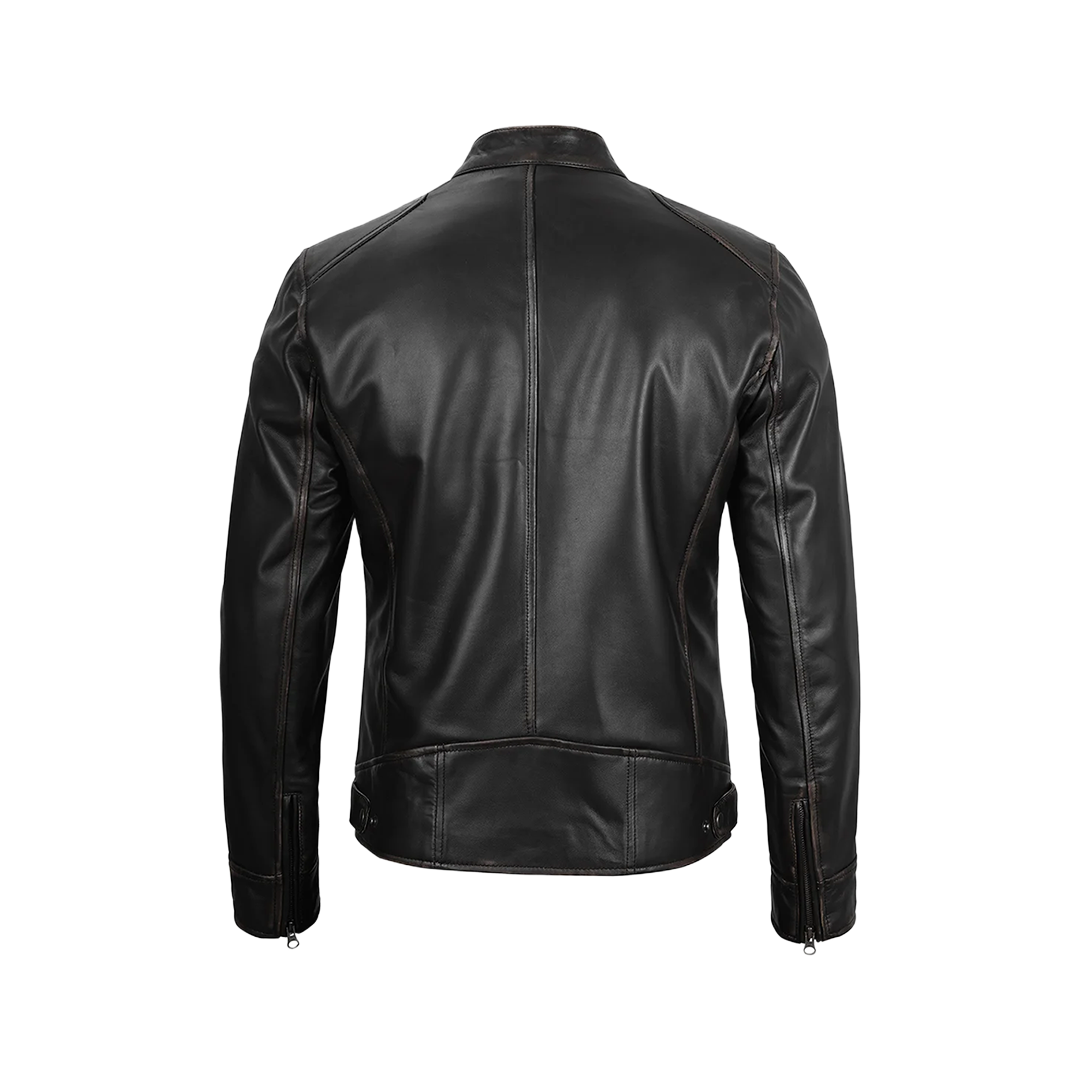 Dodge Men's Black Leather Cafe Racer Jacket