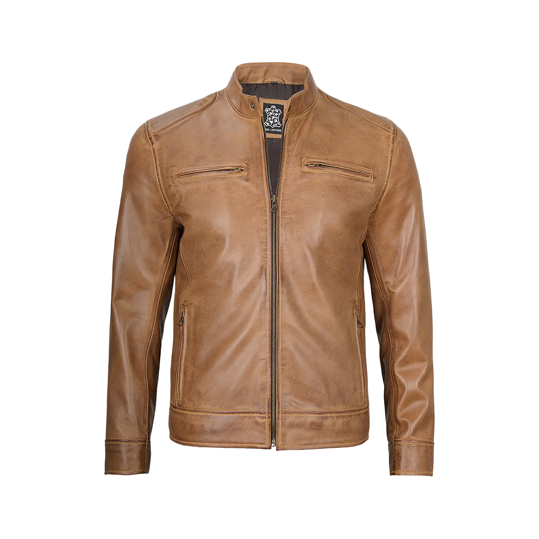 Dodge Men's Camel Leather Cafe Racer Jacket
