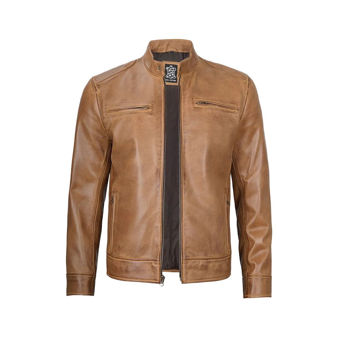 Dodge Men's Camel Leather Cafe Racer Jacket