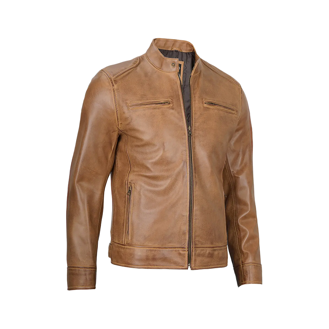 Dodge Men's Camel Leather Cafe Racer Jacket