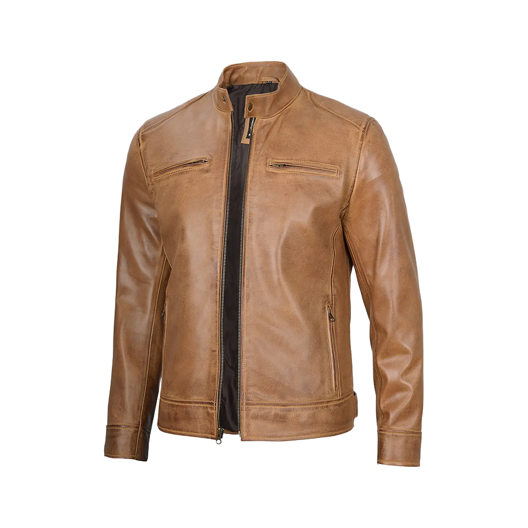Dodge Men's Camel Leather Cafe Racer Jacket
