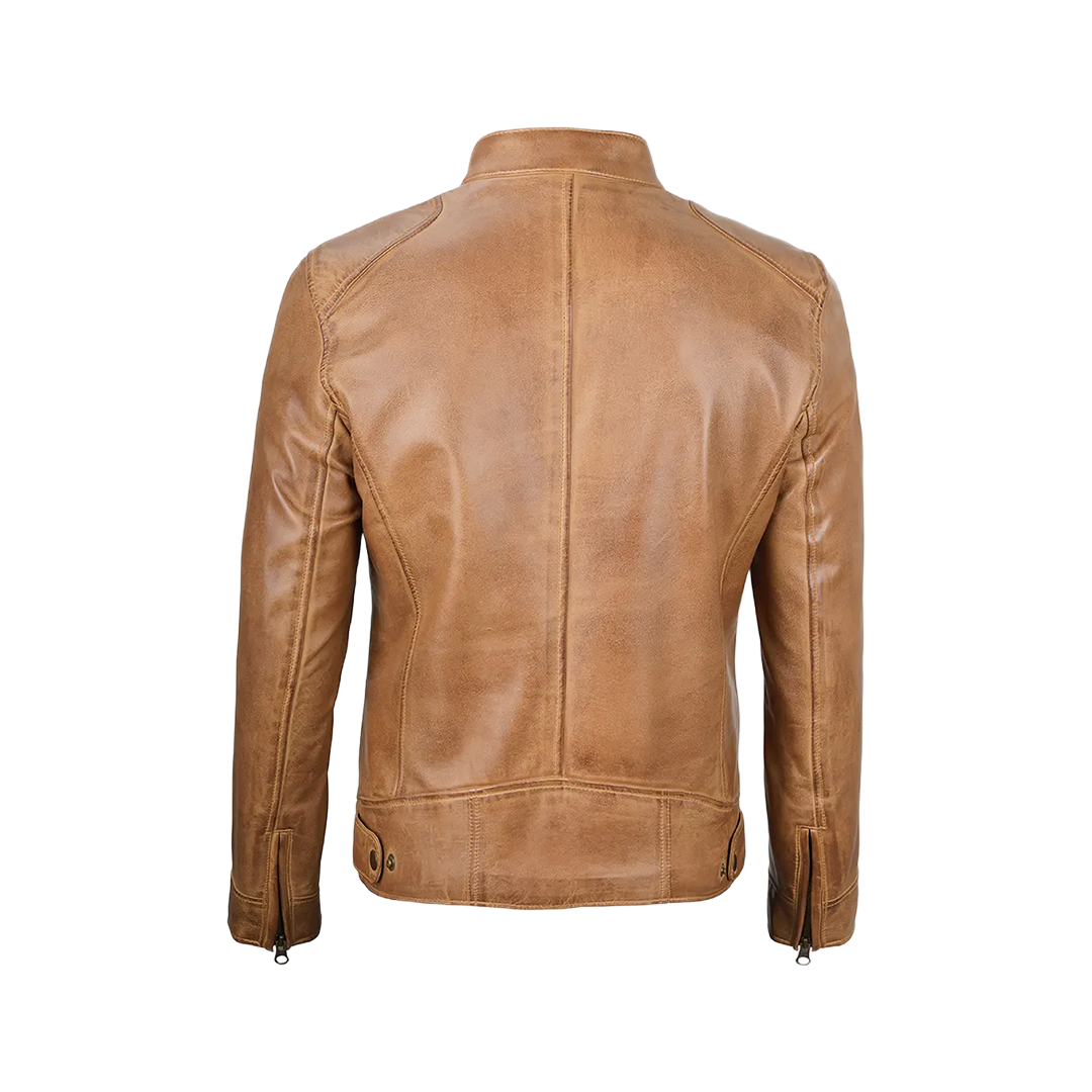 Dodge Men's Camel Leather Cafe Racer Jacket
