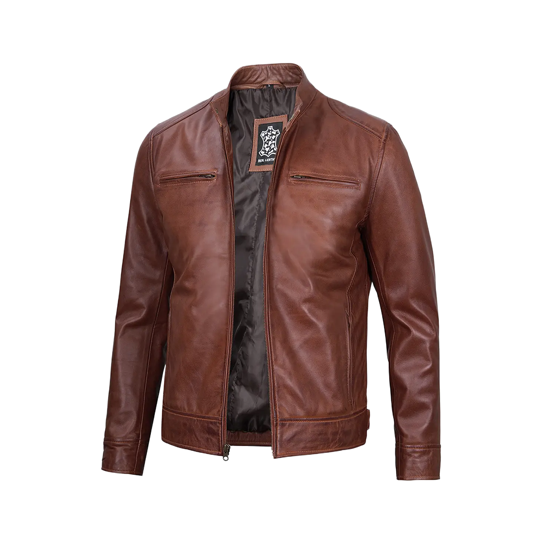 Dodge Men's Cognac Cafe Racer Leather Jacket