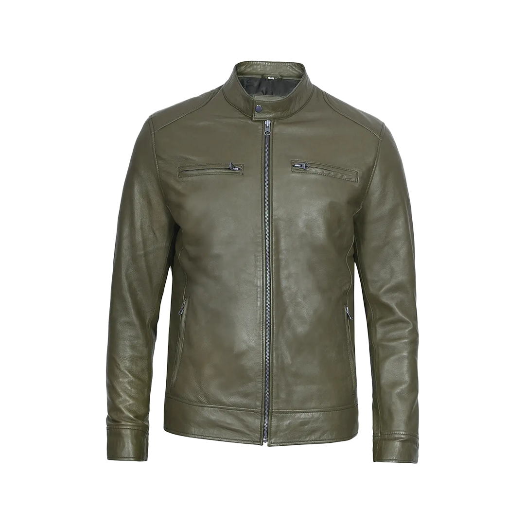 Dodge Men's Green Cafe Racer Real Leather Jacket