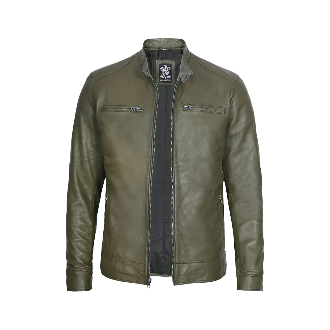 Dodge Men's Green Cafe Racer Real Leather Jacket