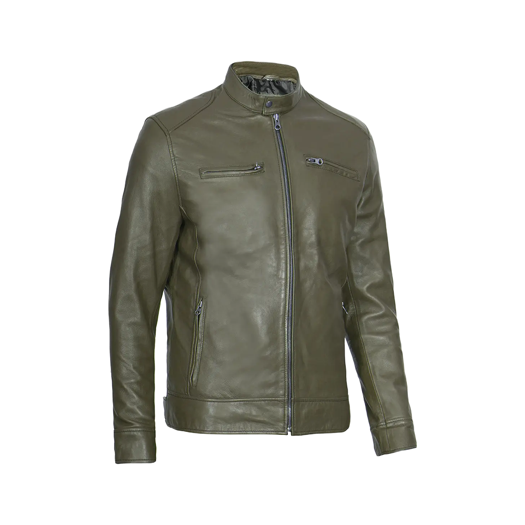 Dodge Men's Green Cafe Racer Real Leather Jacket