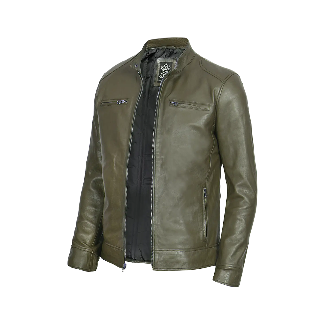 Dodge Men's Green Cafe Racer Real Leather Jacket