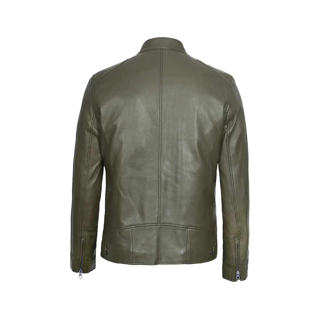 Dodge Men's Green Cafe Racer Real Leather Jacket