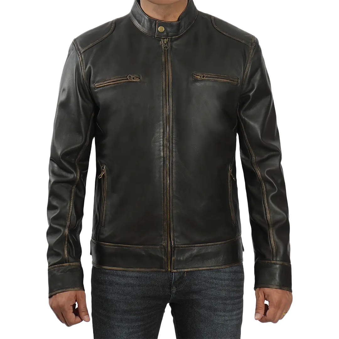 Dodge Men's Rub-off Dark Brown Cafe Racer Leather Jacket