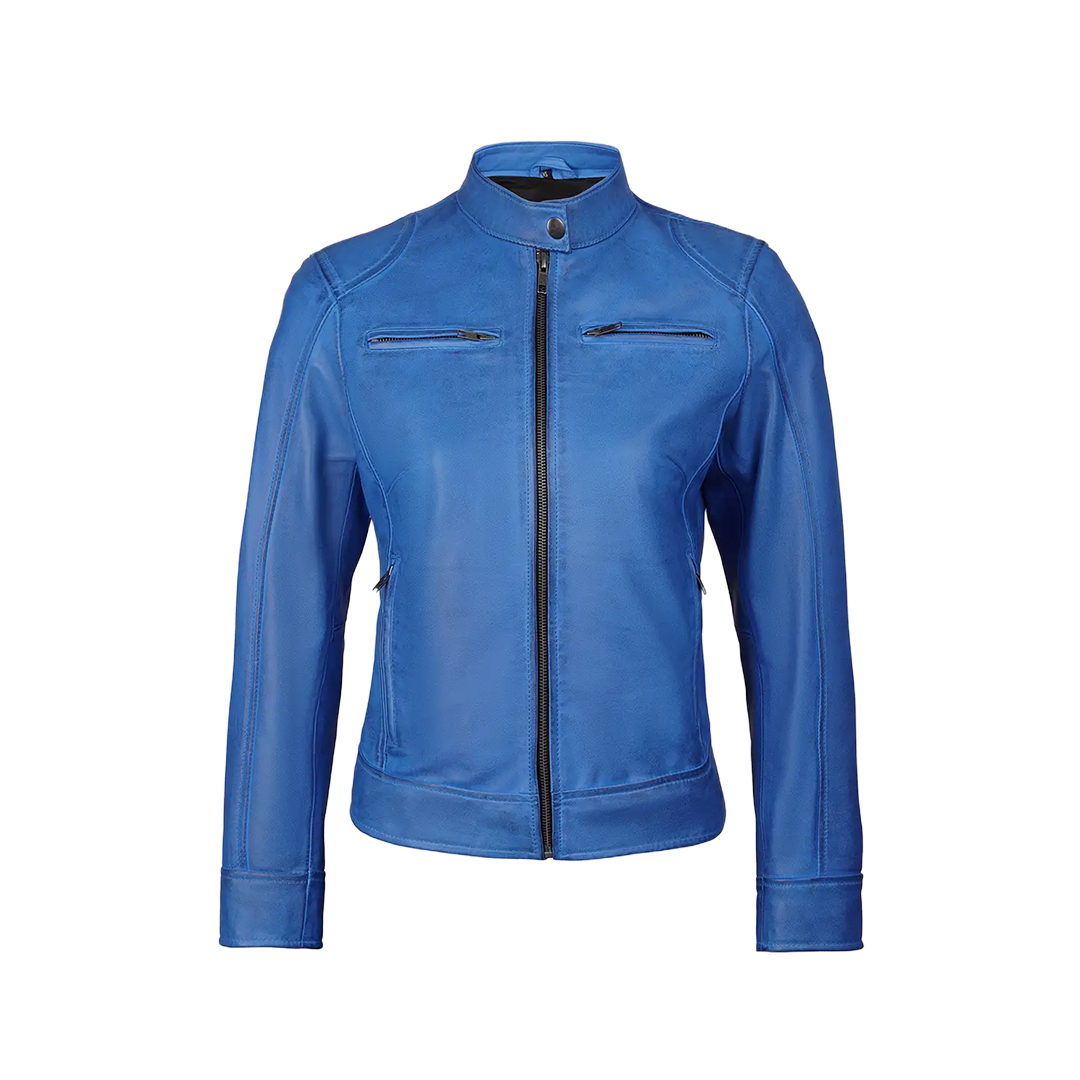 Dodge Sky Blue Women's Leather Biker Jacket
