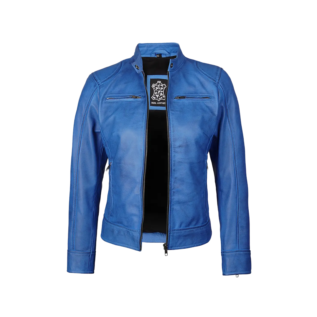 Dodge Sky Blue Women's Leather Biker Jacket