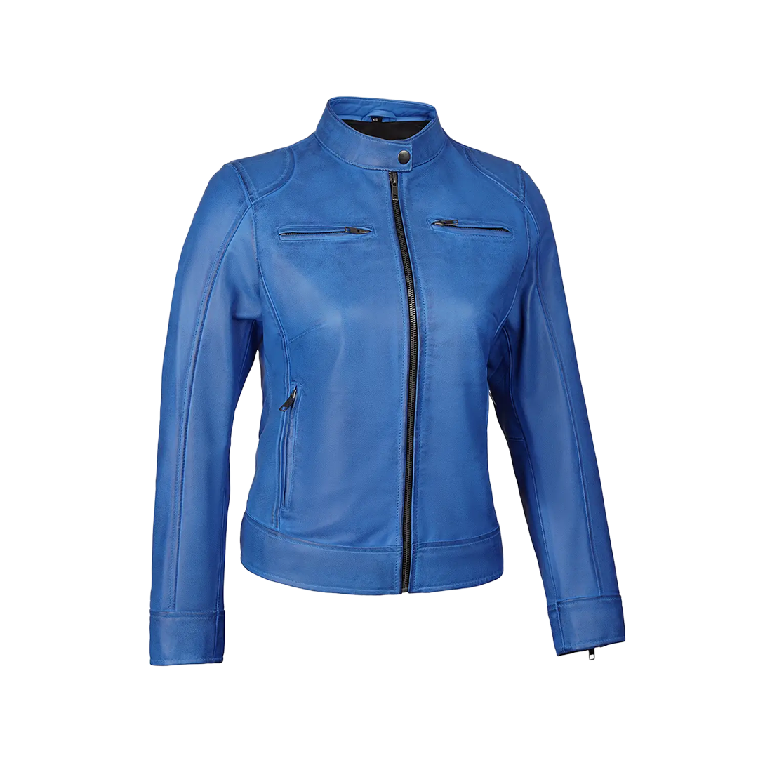 Dodge Sky Blue Women's Leather Biker Jacket