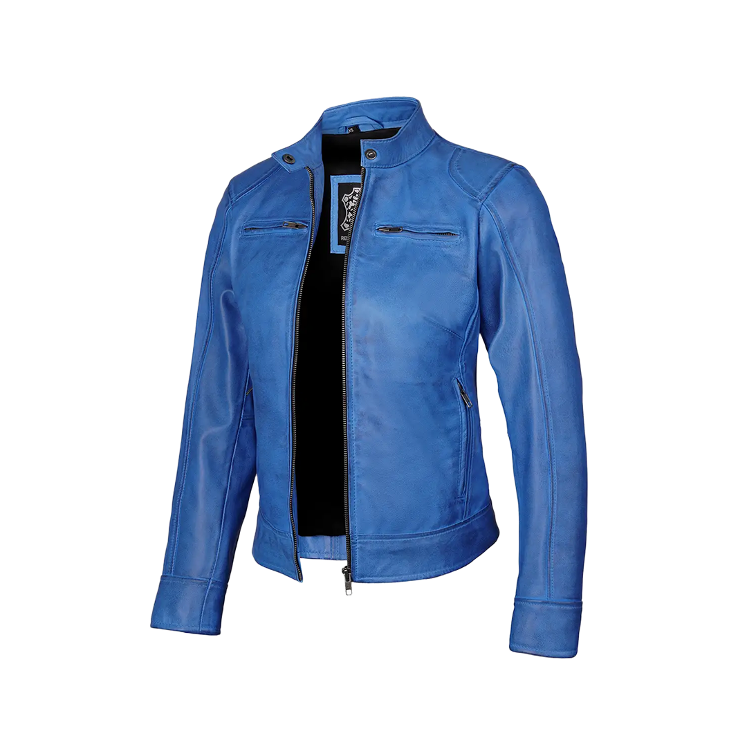 Dodge Sky Blue Women's Leather Biker Jacket