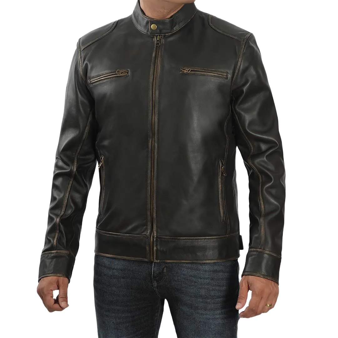 Dodge Tall Men's Rub-off Dark Brown Cafe Racer Leather Jacket