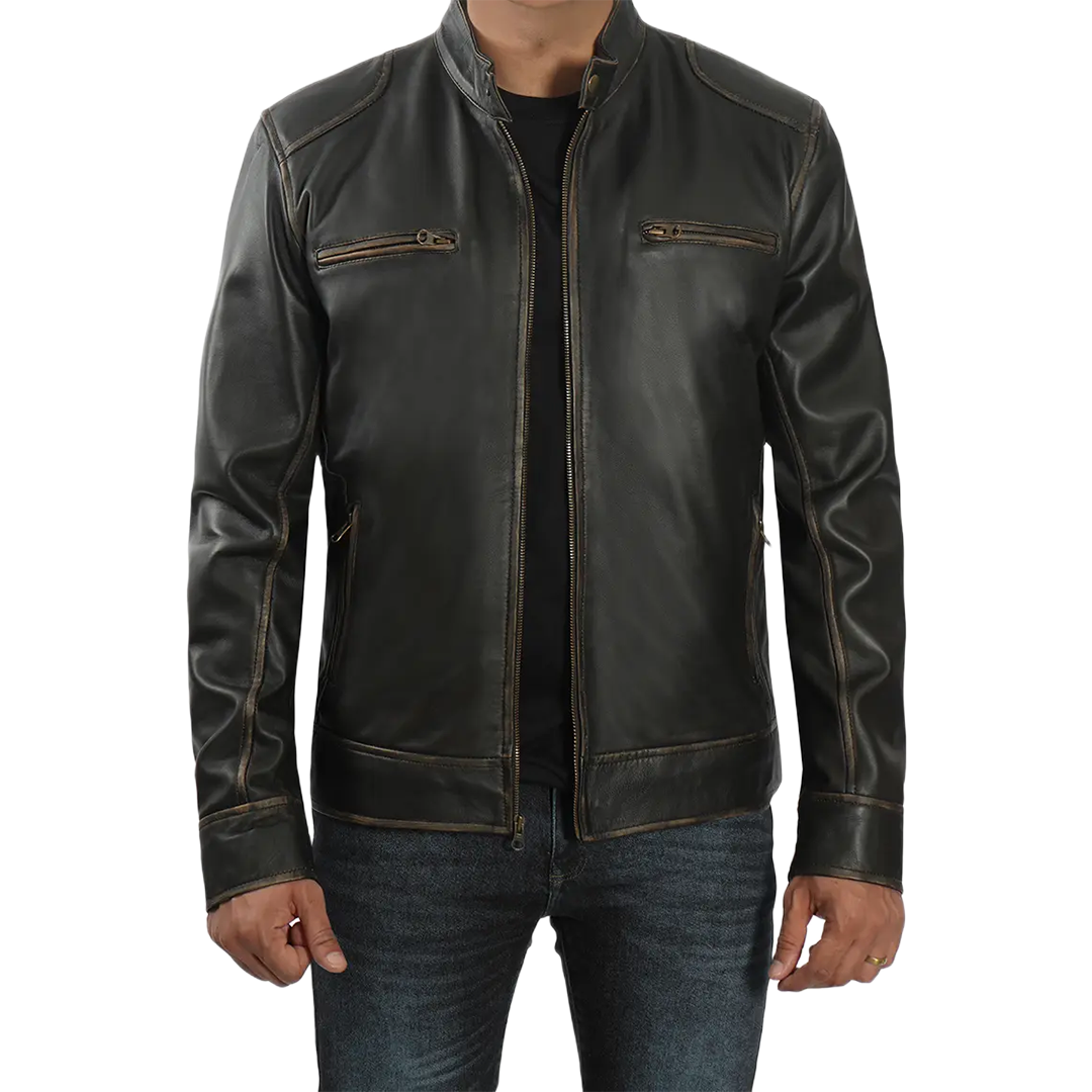 Dodge Tall Men's Rub-off Dark Brown Cafe Racer Leather Jacket