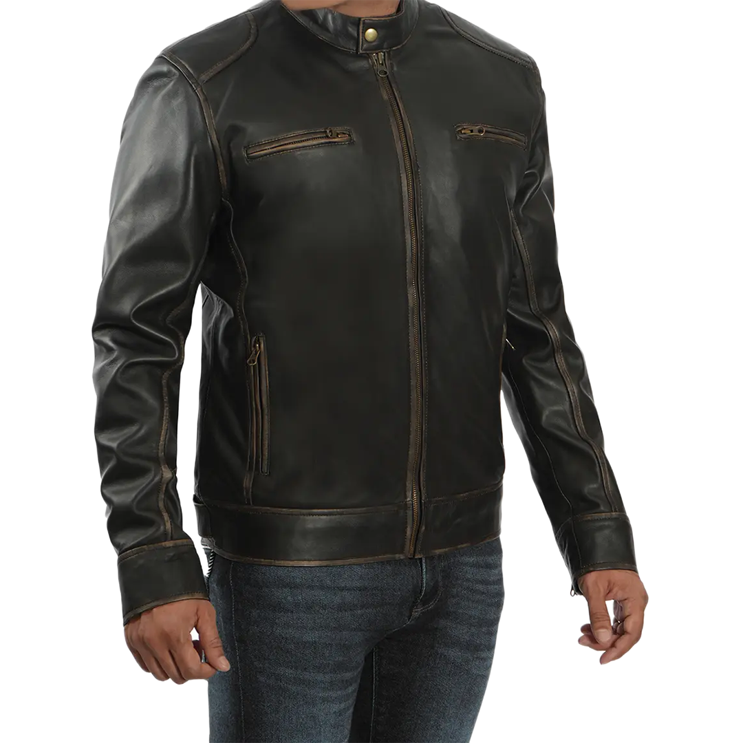 Dodge Tall Men's Rub-off Dark Brown Cafe Racer Leather Jacket