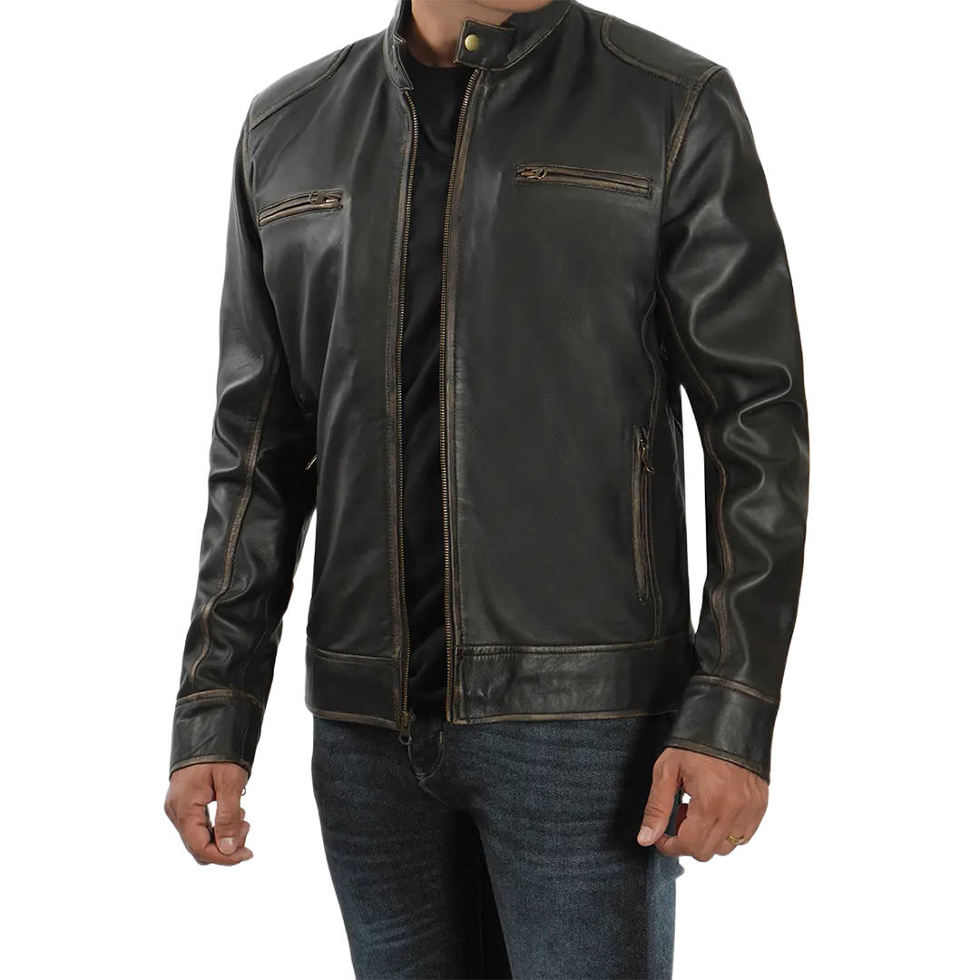 Dodge Tall Men's Rub-off Dark Brown Cafe Racer Leather Jacket