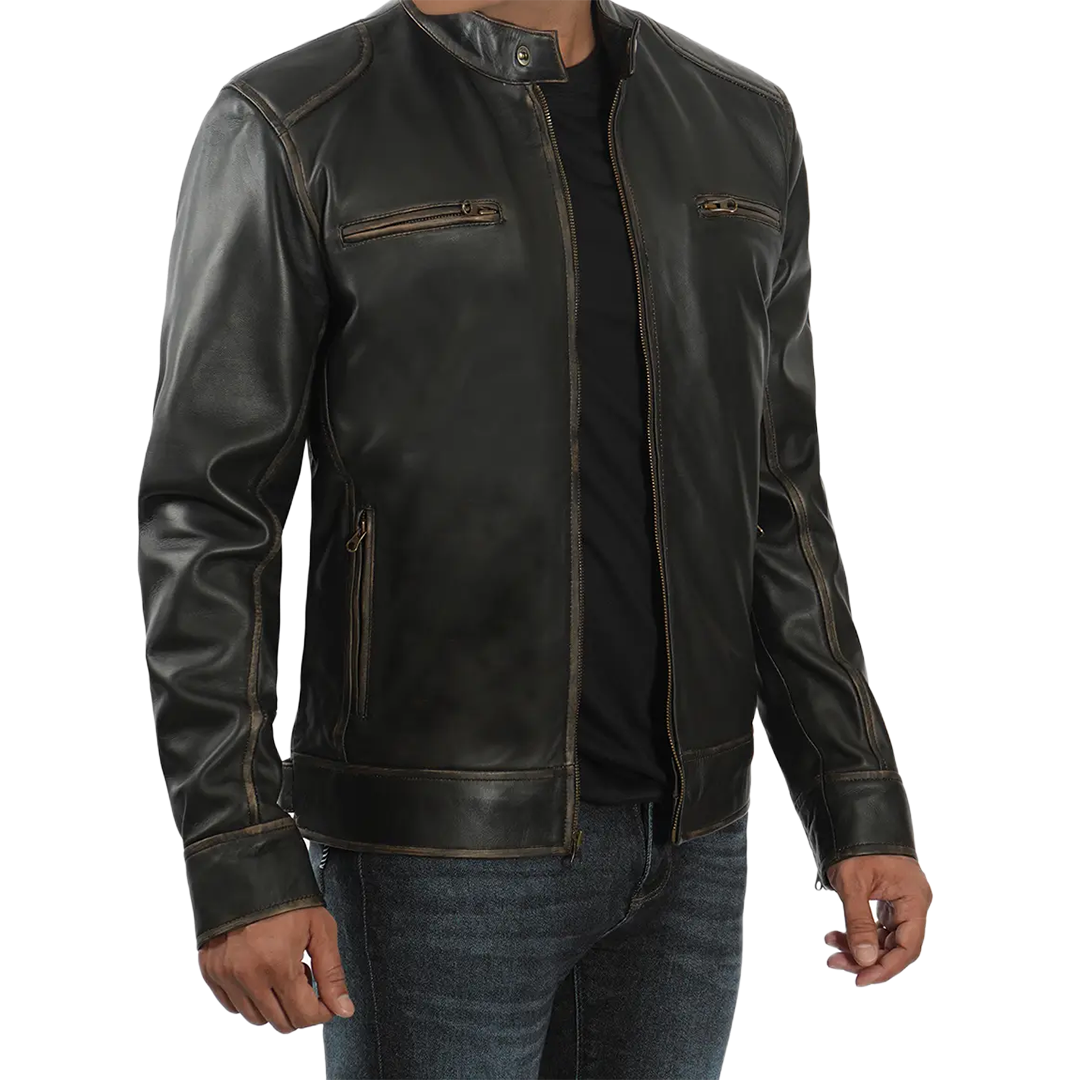 Dodge Tall Men's Rub-off Dark Brown Cafe Racer Leather Jacket