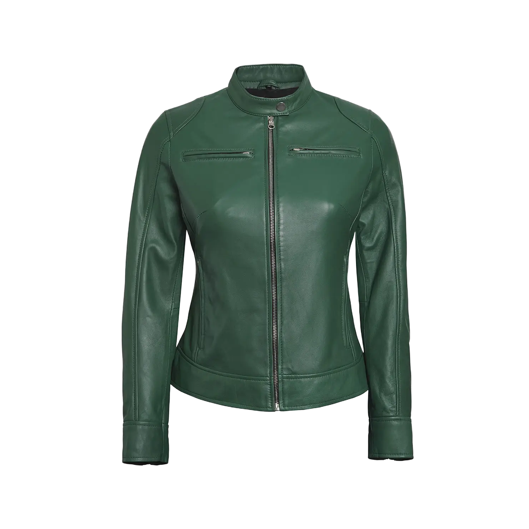 Dodge Women Green Motorcycle Cafe Racer Leather Jacket