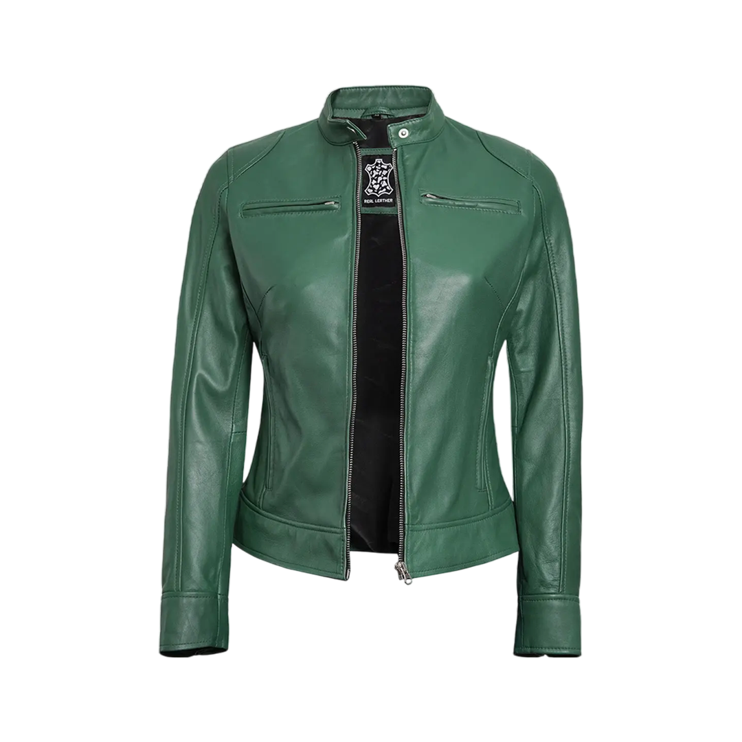 Dodge Women Green Motorcycle Cafe Racer Leather Jacket