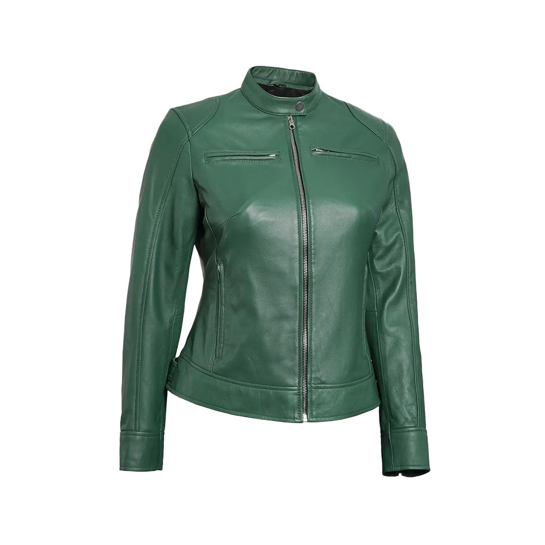 Dodge Women Green Motorcycle Cafe Racer Leather Jacket
