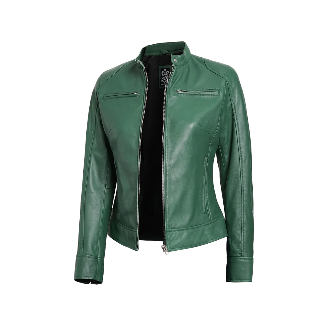 Dodge Women Green Motorcycle Cafe Racer Leather Jacket