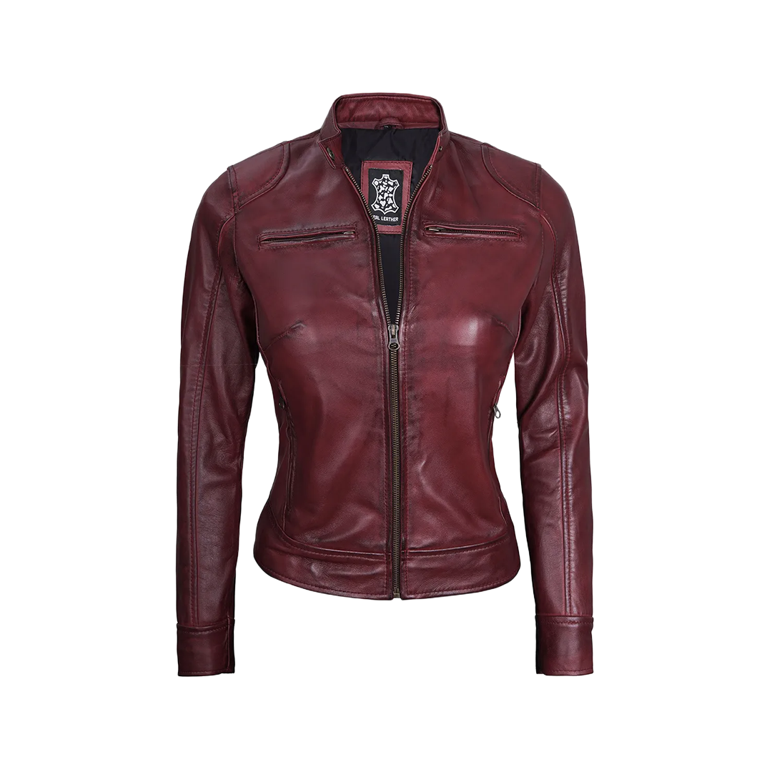 Dodge Women's Burgundy Cafe Racer Leather Jacket