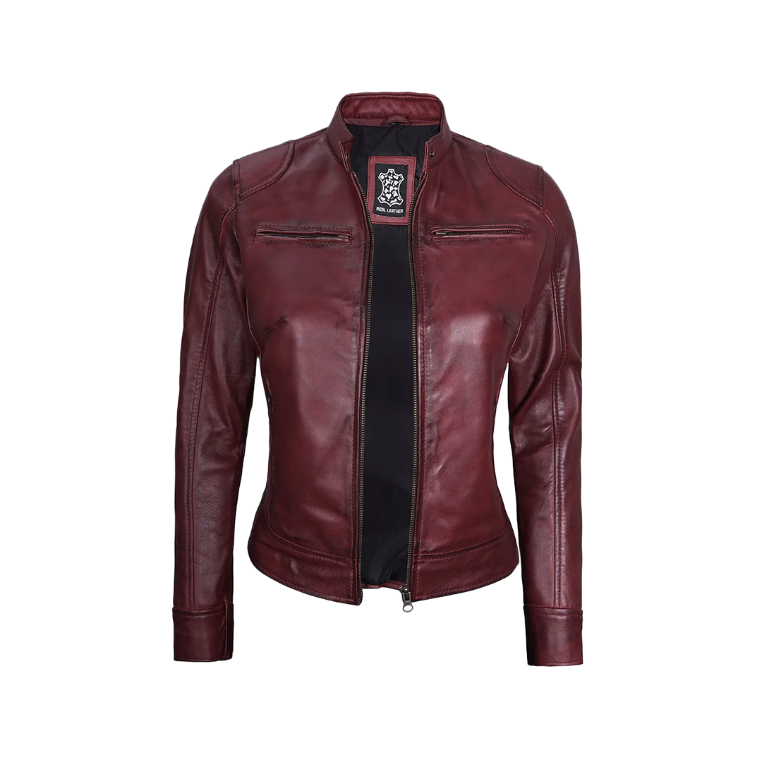 Dodge Women's Burgundy Cafe Racer Leather Jacket