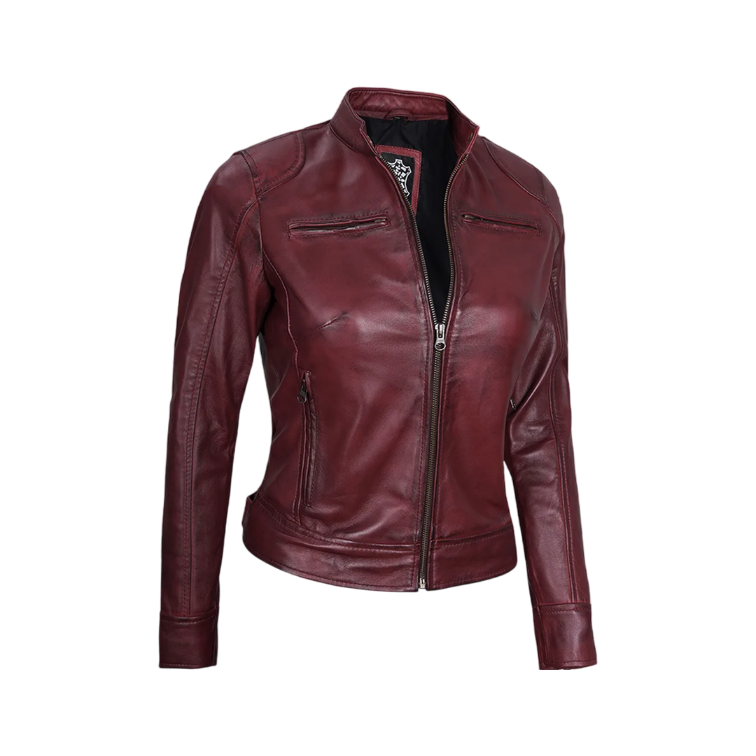 Dodge Women's Burgundy Cafe Racer Leather Jacket