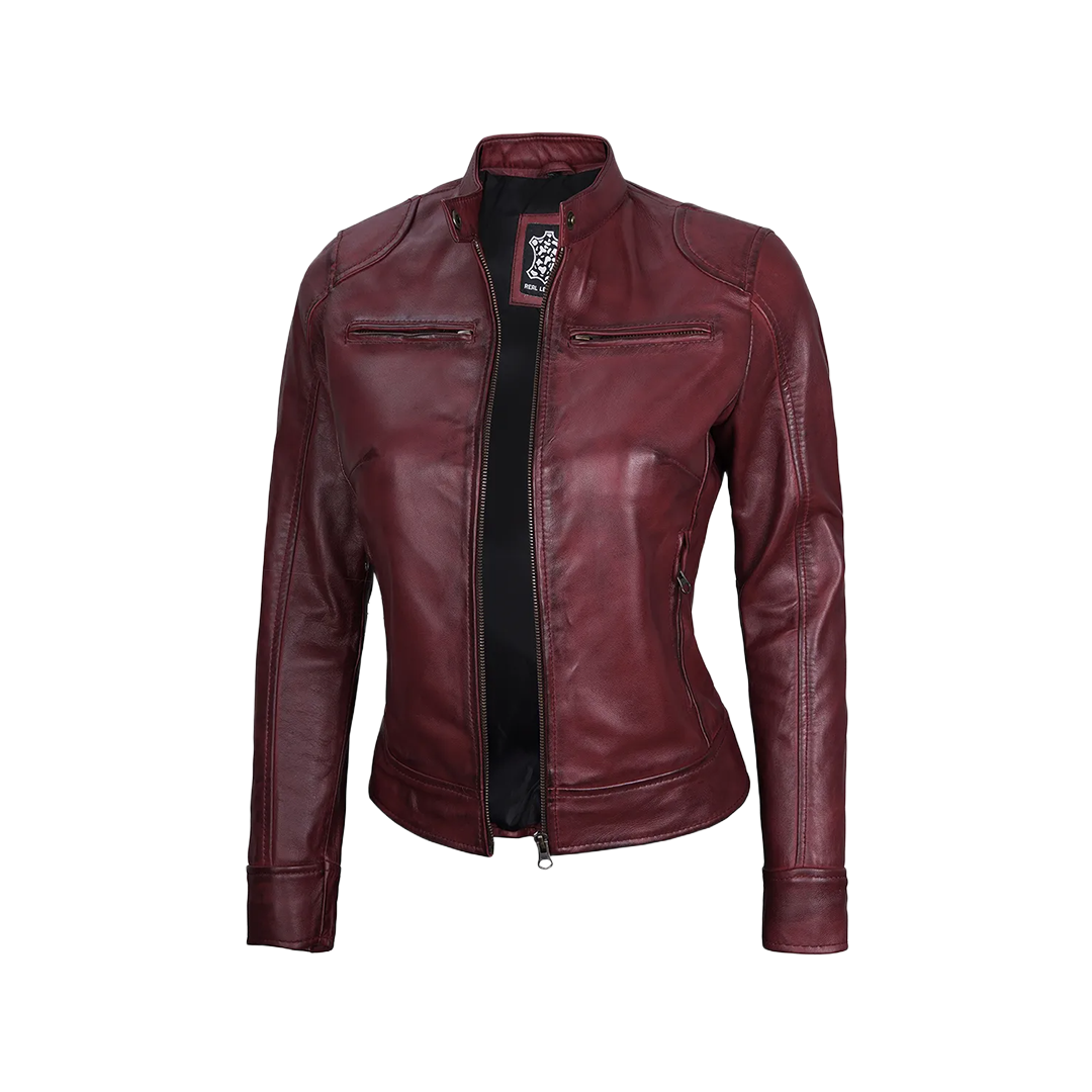 Dodge Women's Burgundy Cafe Racer Leather Jacket