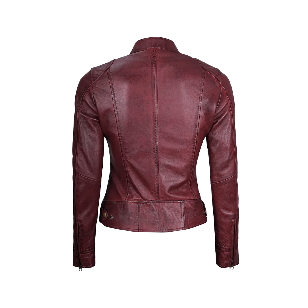 Dodge Women's Burgundy Cafe Racer Leather Jacket