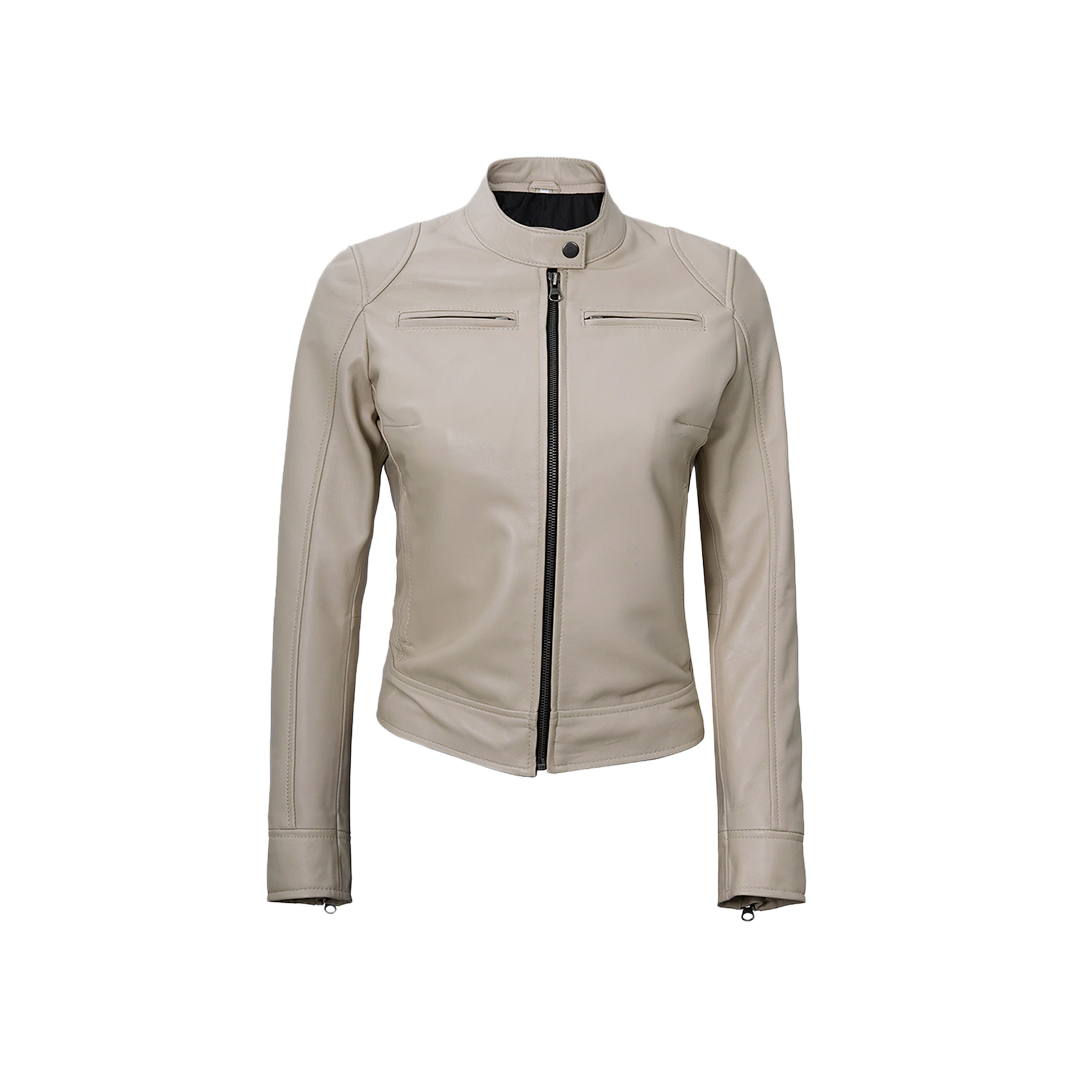 Dodge Women's Cafe Racer Beige Leather Jacket