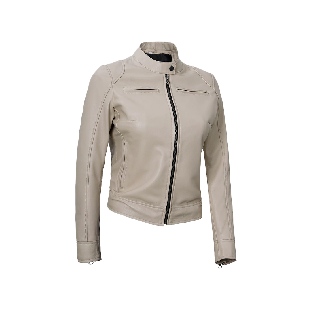 Dodge Women's Cafe Racer Beige Leather Jacket