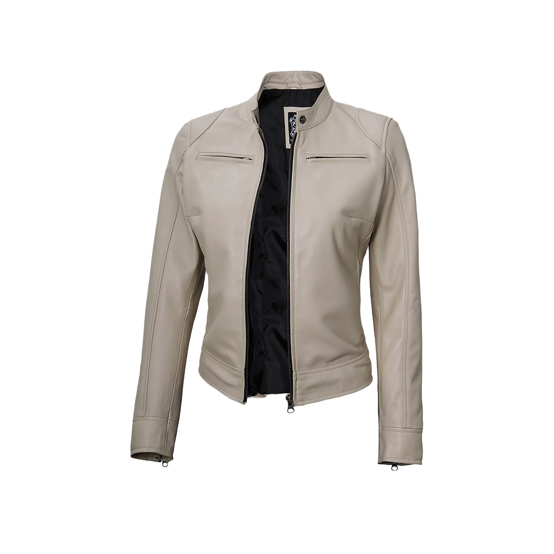Dodge Women's Cafe Racer Beige Leather Jacket